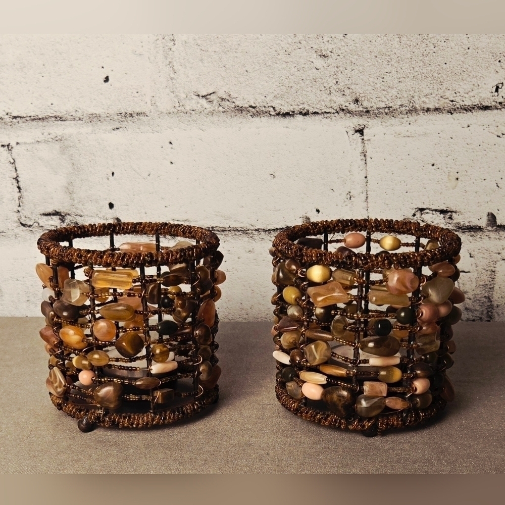 Polished Gemstone Beaded Votive Candle Holders Set of 2 Boho Rustic Decor
